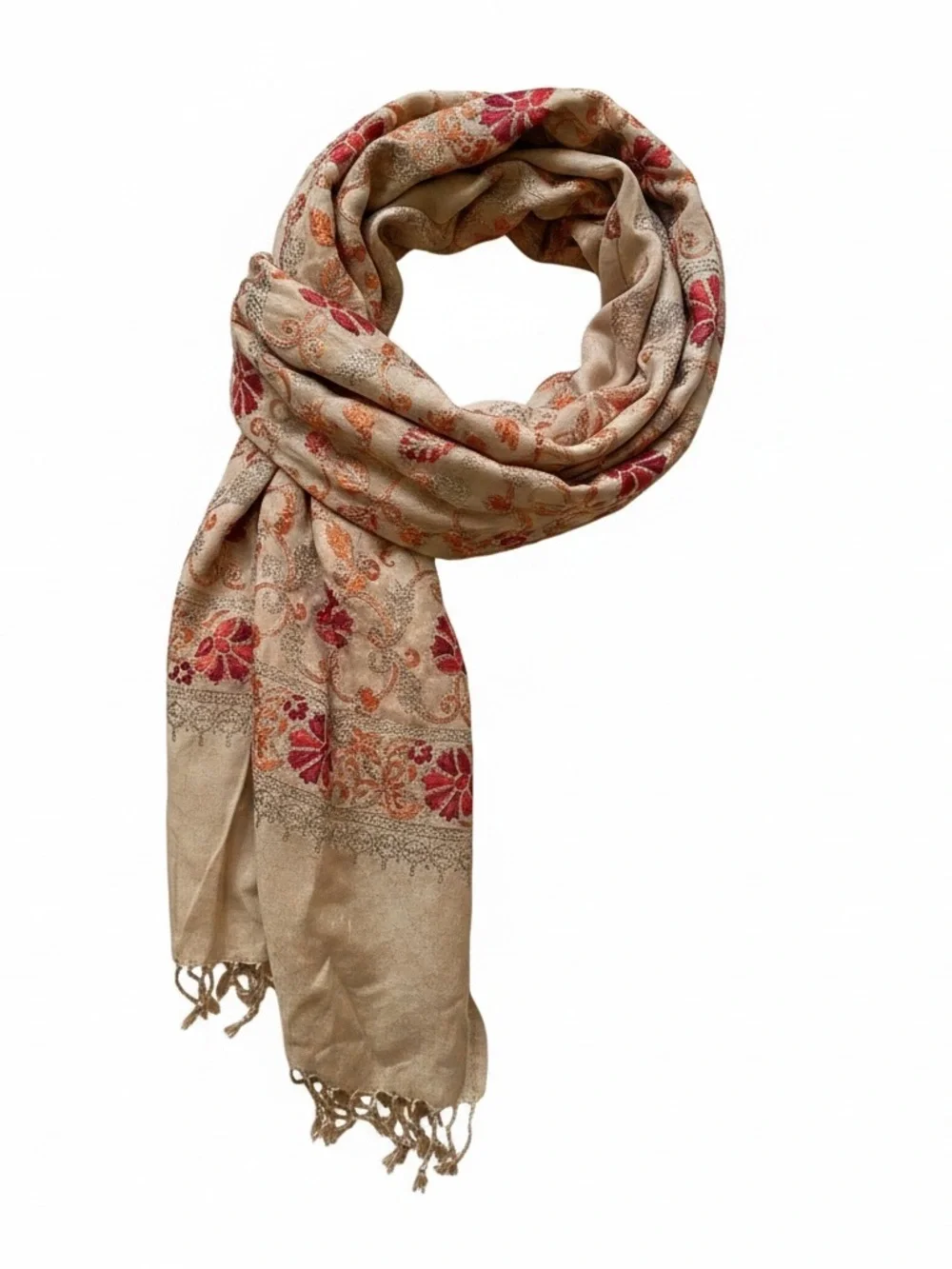 Beige Floral-Embroidered Women's Scarf with Red & Orange Accents‎